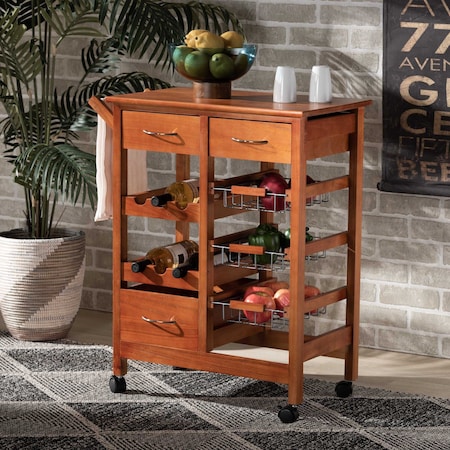 Baxton Studio Crayton ModernOak Brown Finished Wood and Silver-Tone Metal Mobile Kitchen Storage Cart 196-12319-ZORO